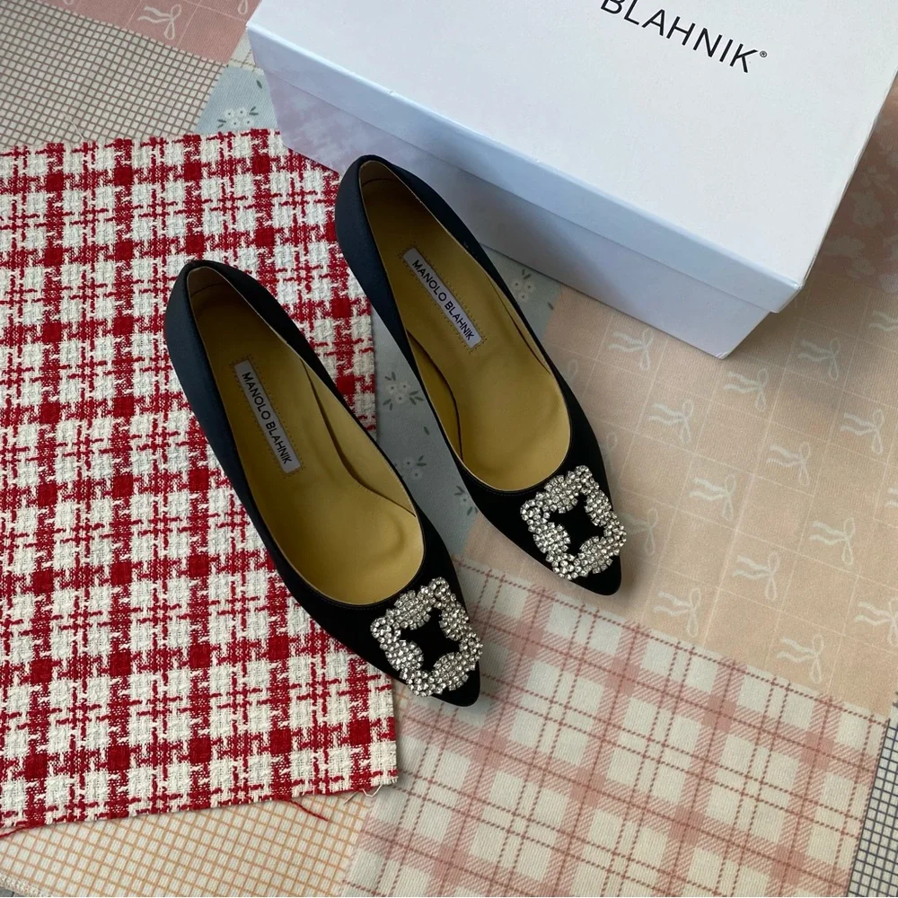 Manolo Blahnik Black Embellished Satin Pointed Toe Flats